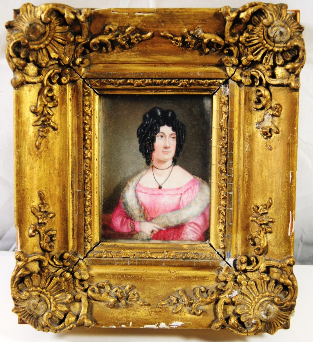 Painting, "Lady in Pink Dress", in frame with history: Painting, "Lady in Pink Dress", written history on back label "Painted by the celebrated Miss Biffin without Hands or Arms at Oxford April, 1832", 9" ht., in a decorative square frame