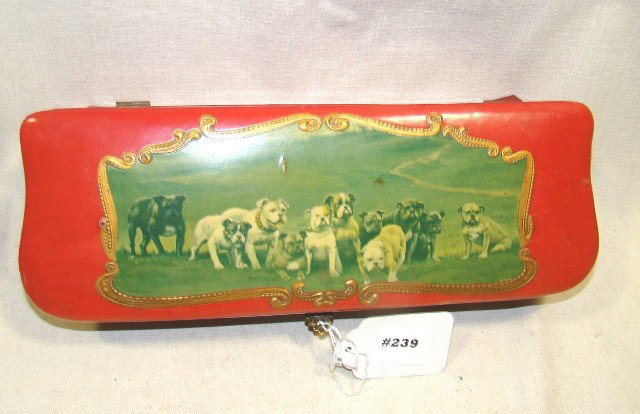 Handkerchief celluloid cover box w/large group of : Handkerchief celluloid cover box w/large group of bulldogs pictured w/fancy scrolled edge, Seidman cost $175.00, 4 1/2" dp., 3" ht., 12" lg., ca 1950, Cond.: VG