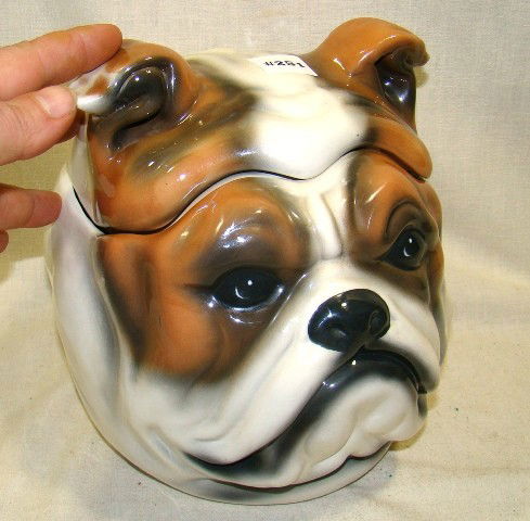 Giant ceramic cookie jar in form of Bulldog Head,: Giant ceramic cookie jar in form of Bulldog Head, brown patches on eyes & ears, unsigned, 10" ht., 9" dp., 9" wd., Seidman cost of $175, Modern, Cond.: VG