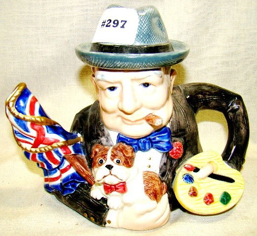 Fitz & Floyd Collector's Series teapot, "Winston C: Fitz & Floyd Collector's Series teapot, "Winston Churchill, Prime Minister", artist, bulldog, Union Jack, Taiwan, #102/2500, 7" ht., 8" lg., ca 1995, Cond.: VG
