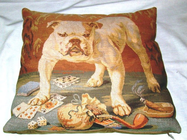 Single pillow with bulldog & cards in tapestry-sty: Single pillow with bulldog & cards in tapestry-style fabric, soft brown velour back, 16"x16"' square, Seidman cost $90.00, Cond.: VG