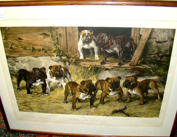 Arthur Wardle "Bulldogs of the 20th Century" hand: Arthur Wardle "Bulldogs of the 20th Century" hand colored restrike of 1905 original, simple oak frame, 24"x34" sight, Modern, Seidman cost $345.00, ca 1995, Cond.: VG