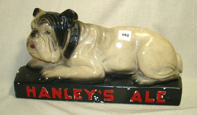 Hanley's Ale Advertising Bulldog, chalk-ware, grey: Hanley's Ale Advertising Bulldog, chalk-ware, grey bulldog w/black studded collar, 10" ht., 18" wd., ca 1920-40, Seidman cost $200., Cond.: VG, some paint chips