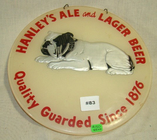 Hanley's Ale Advertising Bulldog round plastic sign: Hanley's Ale Advertising Bulldog round plastic sign, on chain. bulldog w/black studded collar, 11" diam., ca 1950, Seidman cost $150., Cond.: VG, some scratches