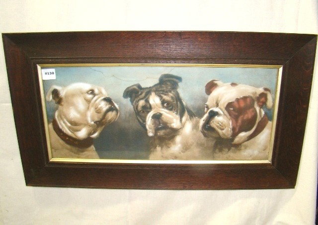 Print of 3 Bulldogs in oak frame, sgd. Cecil Aldin: Print of 3 Bulldogs in oak frame, sgd. Cecil Aldin, great image, 10"x22' sight, Seidman cost $160.00, Cond.: Good. some slight water staining on top edge.