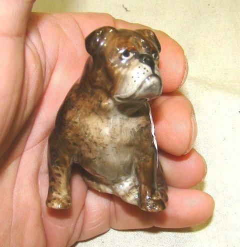Rare Royal Worcester mini bulldog, #2945, dark bro: Rare Royal Worcester mini bulldog, #2945, dark brown/whiter belly, 2 1/2" ht.,, 2 1/2" lg., ca 1932, Seidman cost $357.00 (!!), Cond.: Chip on back edge