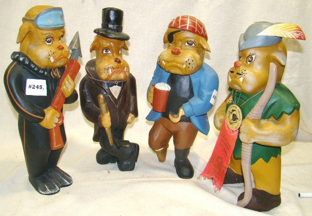 Lot of 4 carved wooden bulldog figures, Scuba dive: Lot of 4 carved wooden bulldog figures, Scuba diver, Gent w/cane, Pirate w/peg leg & hook, Robin Hood, mfg Philippines 13" ht., retail $50 ea., Modern, Cond.: VG