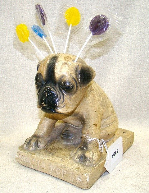 Plaster "WATTA POP 1c." bulldog seated dispenser,: Plaster "WATTA POP 1c." bulldog seated dispenser, holds 25 lollipops, 7 1/2" ht., 5 1/2" wd., 7" dp., ca 1900-20, Seidman cost $275, Cond.: VG, sm. insignificant chips