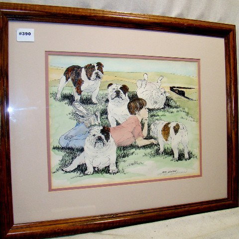 Ltd. Ed. Print, "Boy Lying w/5 Bulldogs in Field" : Ltd. Ed. Print, "Boy Lying w/5 Bulldogs in Field" #49 / 125", sgd. B. Hickman, nice matte in oak frame, Seidman cost $145.00, sight 10 1/2"x 13 1/2", ca 1991, Cond.: VG