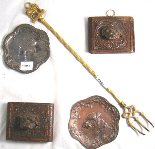 2 metal 5" diam. bas relief trays, a English bras: 2 metal 5" diam. bas relief trays, a English brass toasting fork and 2 sewing machine drawer fronts w/dog handles now made to hang, ca. 1890-1910, Cond.: VG