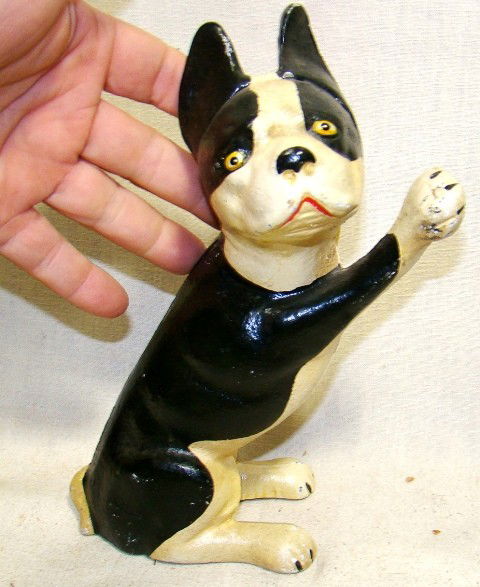 Iron doorstop "French Bulldog Standing on Rear Leg: Iron doorstop "French Bulldog Standing on Rear Legs", b&w paint, Phillips hd. screw, great pose & quality, Seidman cost $125, 9 1/2" ht, 7" lg., 4" wd., ca 1950-70, Cond.: VG