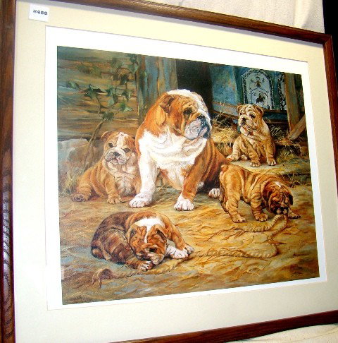 Litho "The Rope Players" sgd. Louise Lupina, 5 Bul: Litho "The Rope Players" sgd. Louise Lupina, 5 Bulldogs in Barn Hay Playing, #468/999, dark wood frame w/matte, 17 1/2" x 20" sight, ca 1990, Cond.: VG
