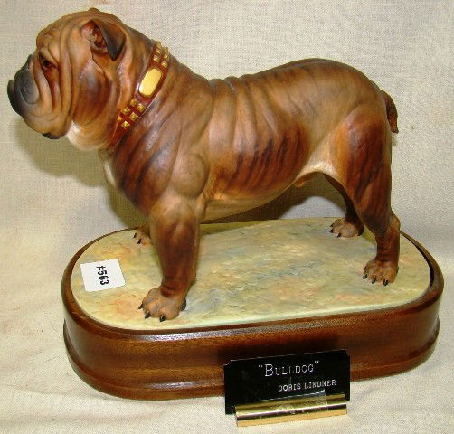 Royal Worcester Special Edition w/"Bulldog" sign f: Royal Worcester Special Edition w/"Bulldog" sign for display, sets in wood base, sgd. Doris Lindner, 9" ht., 10" lg., ca 1968, Seidman cost $950.00, Cond.: VG