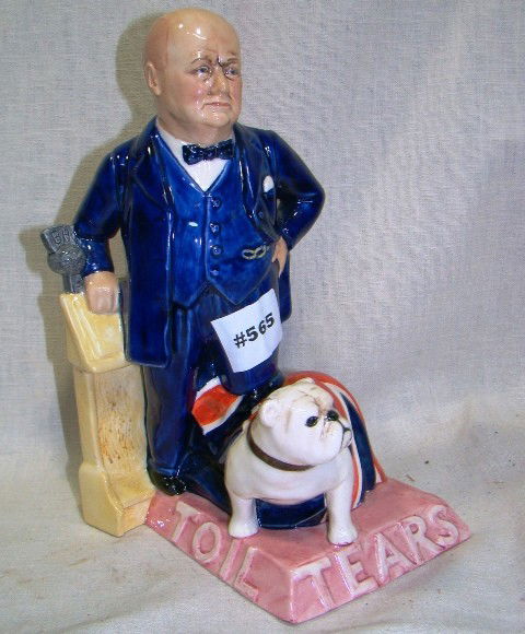 Kevin Francis, Churchill & bulldog, "Toil, Tears,: Kevin Francis, Churchill & bulldog, "Toil, Tears, Sweat", Blue jacket, Staffordshire, Toby jug/decanter, 9" ht., #105/750 pcs., retail $250.00, Cond.: VG