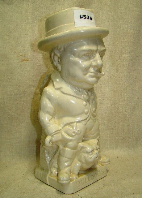 Raleigh Ware standing John Bull Toby jug, white gl: Raleigh Ware standing John Bull Toby jug, white glaze, Bulldog & Winston Churchill, w/epitaph on bottom, app 11" ht., Seidman cost $550.00, Cond.: VG