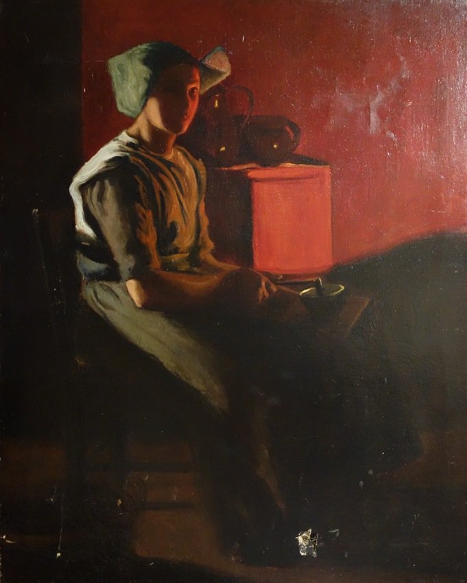 BY THE FIREPLACE: Myron Barlow (1873 - 1937), attributed. 'By the Fireplace' 45 x 36, oil on canvas, unsigned, unframed.