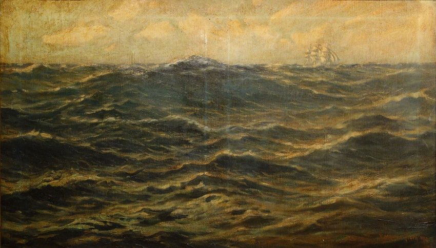 ON THE OPEN SEA: C Myron Clark (1858 - 1925) 'On the Open Sea', 29 x 49, oil on canvas, signed lower right, dated 1910, in hand carved period frame.
