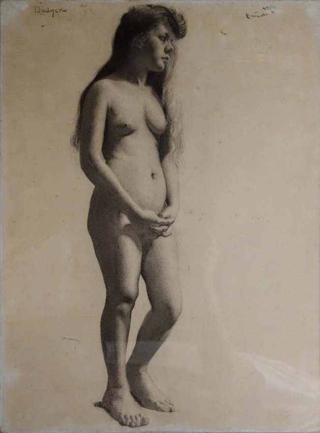 NUDE: Badger (early 20th Cent) 'Nude', 25 x 19, charcoal on paper, framed, signed upper left.