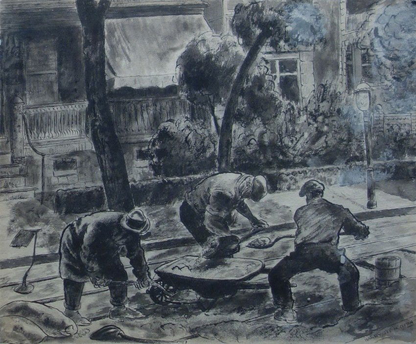 WORK CREW: Harry Zee Hoffman (1908 - 1990) 'Work Crew', 14 x 17, ink and wash, signed lower right, matted, framed.