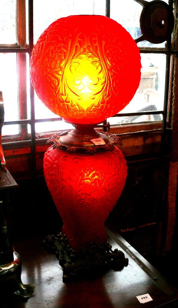 Red satin glass gone with the wind lamp, tall, (1 of 4)