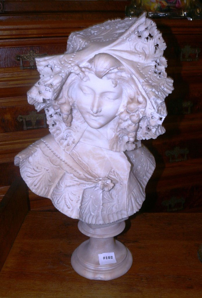 Alabaster marble bust of victorian lady w/lace bonnet (1 of 7)