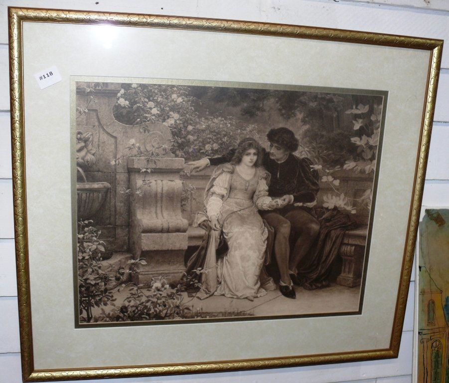 Litho print, Romeo & Juliet seated on bench in a garden: Litho print, Romeo & Juliet seated on bench in a garden