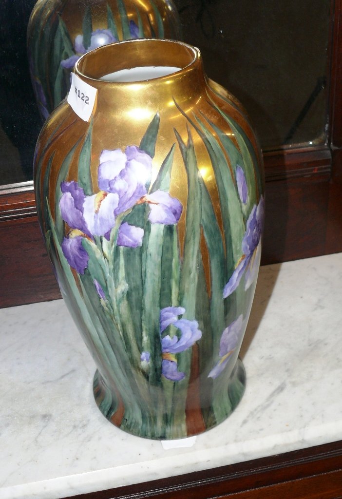 Rosenthal hand painted purple iris vase w/gold trim.