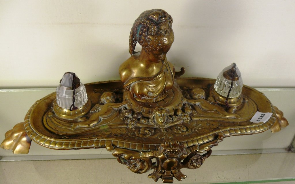 Bronze ornate double inkwell w/ladies' bust and relief (1 of 7)