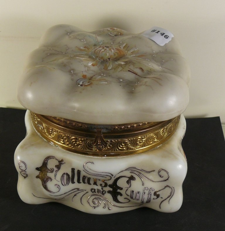 Wave Crest dec. milk glass covered box, "Collars & (1 of 8)