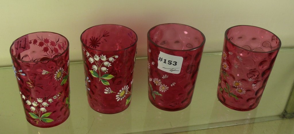 4 cranberry thumbprint drinking cups, 2 w/daisy enamel (1 of 6)