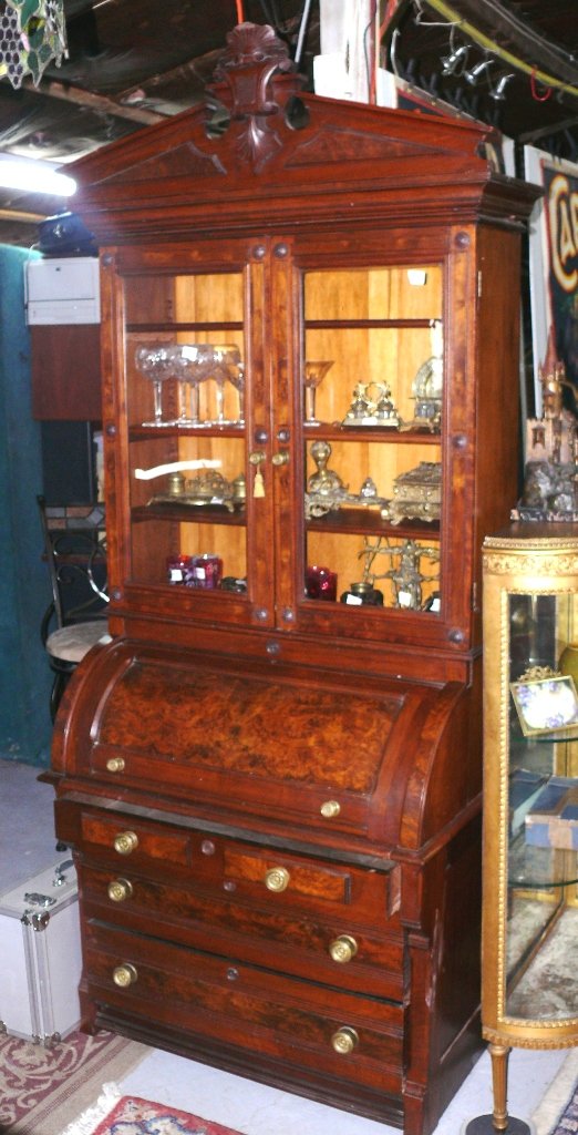 Victorian burl walnut cylinder secretary w/carved crest (1 of 8)