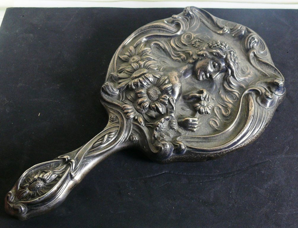 Unger Bros sterling silver hand mirror w/lady head & (1 of 9)