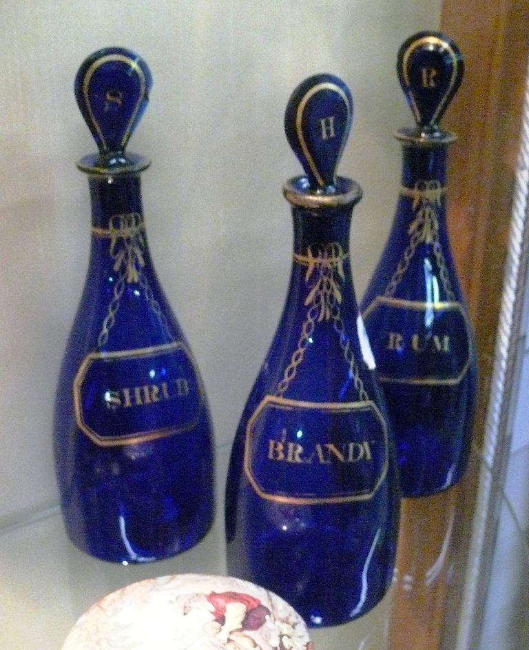 3 cobalt Bristol glass decanters, w/painted gold chain (1 of 5)