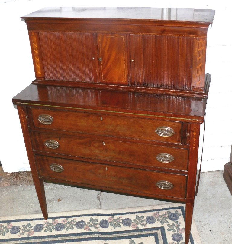 Tambor secretary desk w/inlaid column sides & 3 drawers (1 of 8)