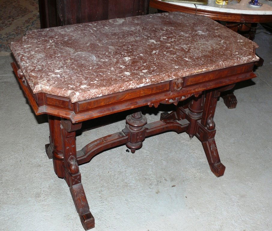 Eatlake library table, brown marble top, Jenny Lind (1 of 8)