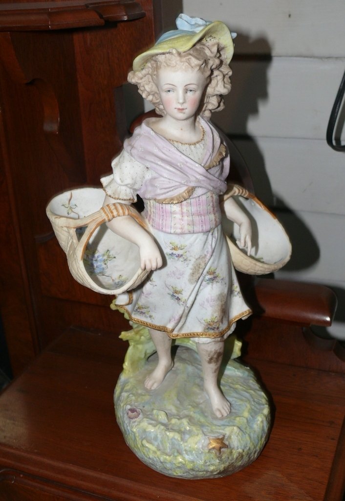 French bisque figurine of girl holding 2 baskets, 14" (1 of 9)