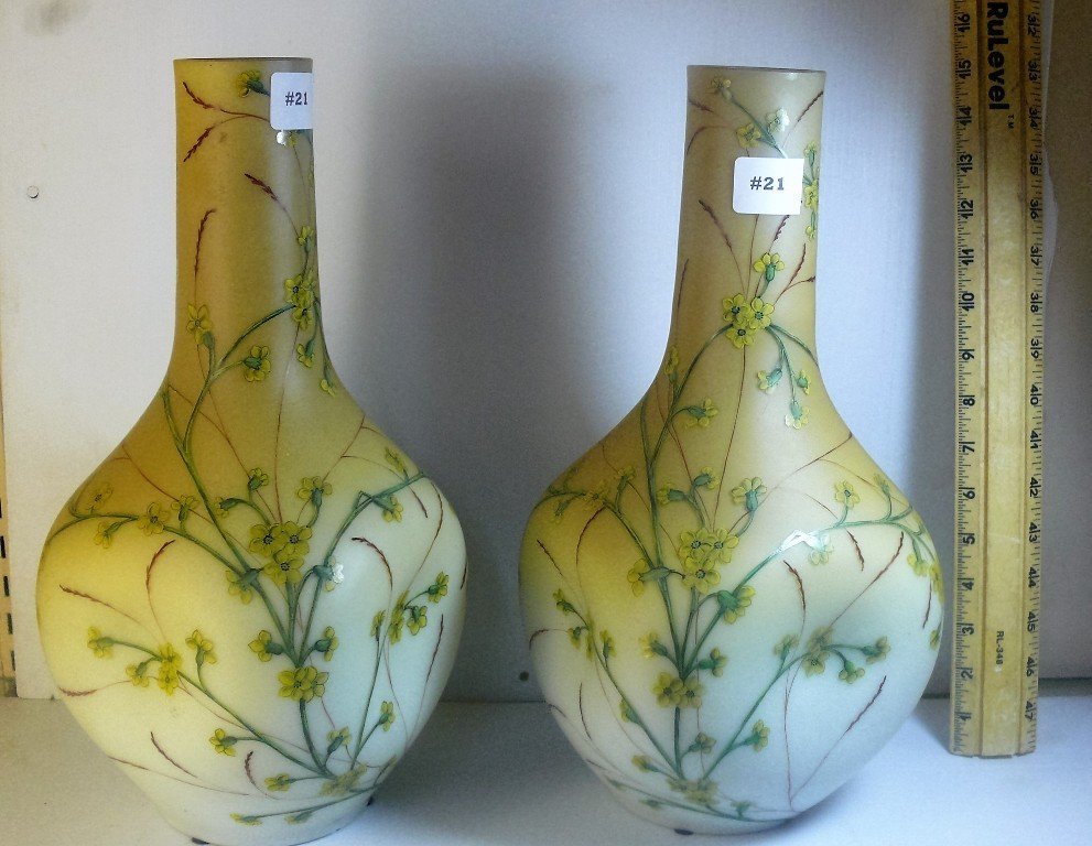 Thomas Webb burmese pinch waist vases w/enamel dec: Thomas Webb burmese pinch waist vases with detailed floral enamel decoration, 15" ht.