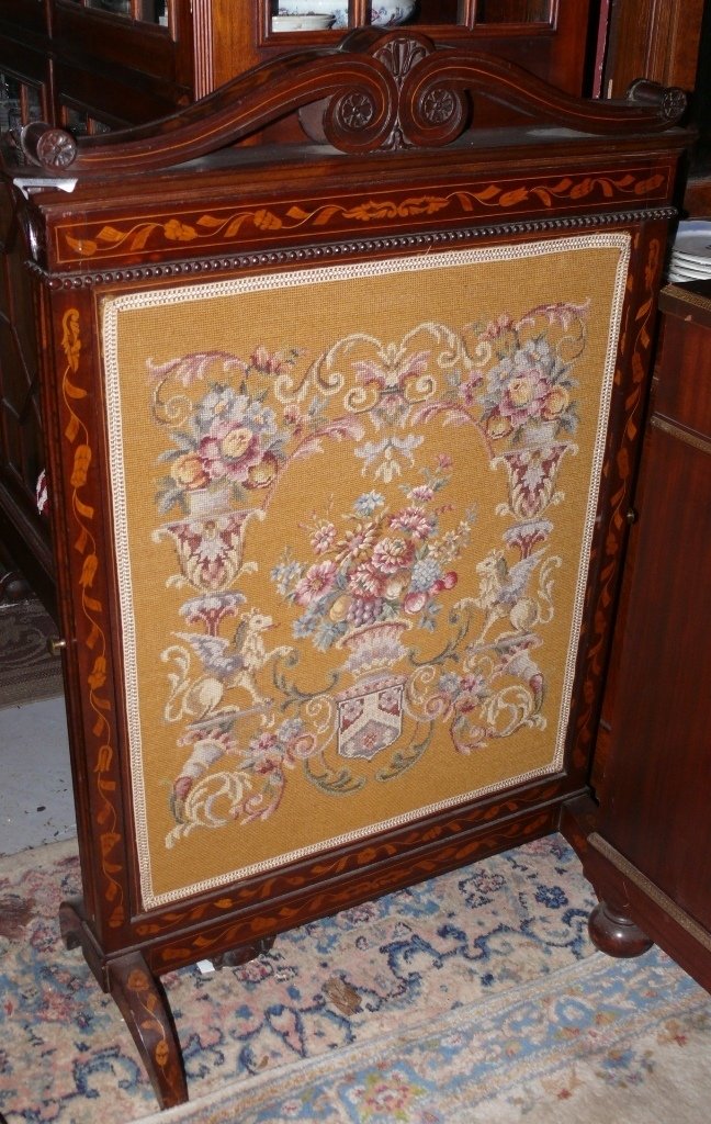 Marquetry inlaid fire screen w/needlepoint panel (1 of 2)