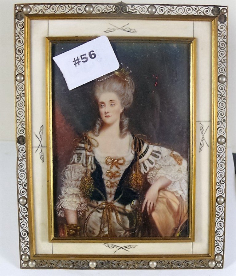 Marie Antoinette seated painting on ivory, brass table: Marie Antoinette seated painting on ivory, brass table frame
