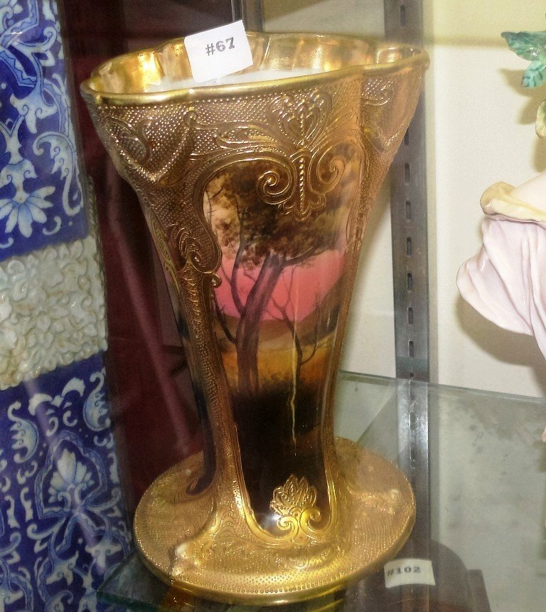 Nippon vase tall w/open mouth w/gold decoration (1 of 3)