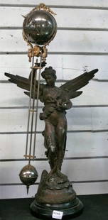 Ansonia "Gloria" swinger mystery clock, bronze finish: Ansonia "Gloria" with impressive wings holding lyre in one hand and other hand supporting ball clock with long pendulum. Referred to as a "swinger", this mystery clock slowly swing back and forth like