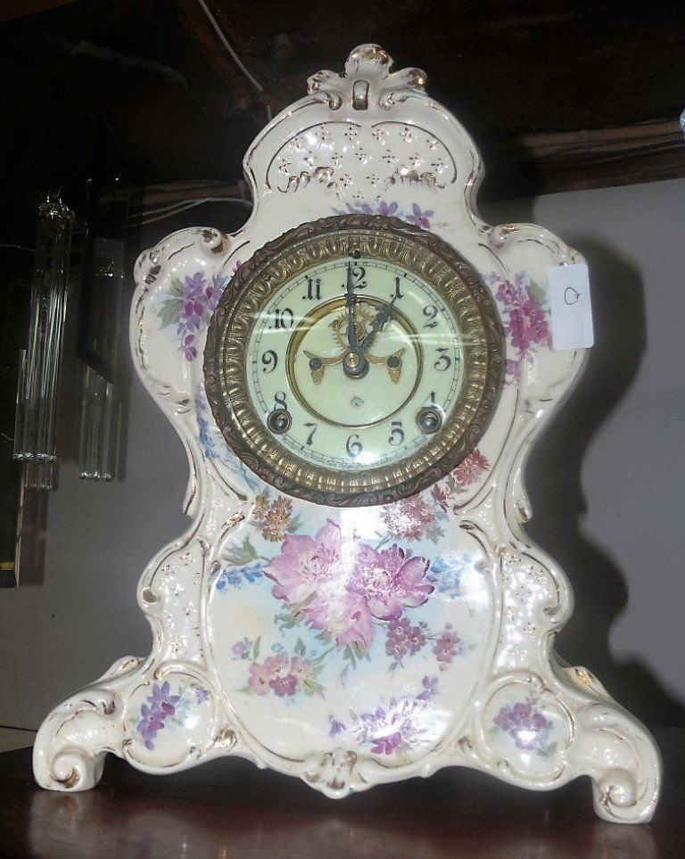 Ansonia Royal Bonn china clock, white w/pntd flowers (1 of 4)