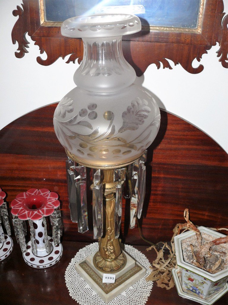 Heavy bronze astral lamp w/etched shade, 24" ht. (1 of 4)