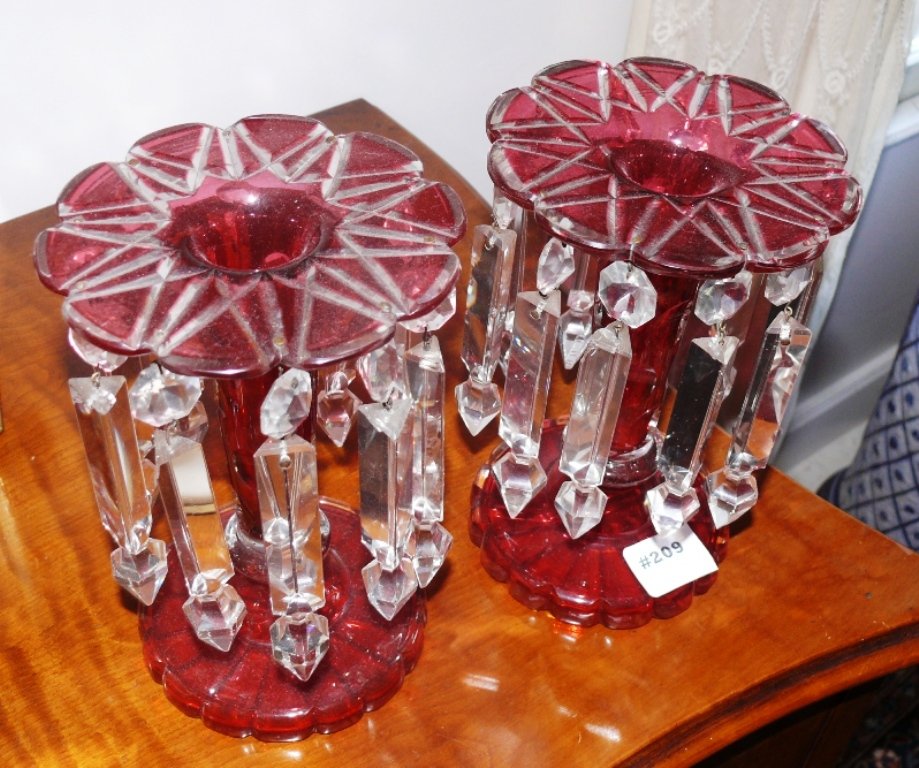 Pair of cranberry glass lustre candlesticks, thumb (1 of 3)