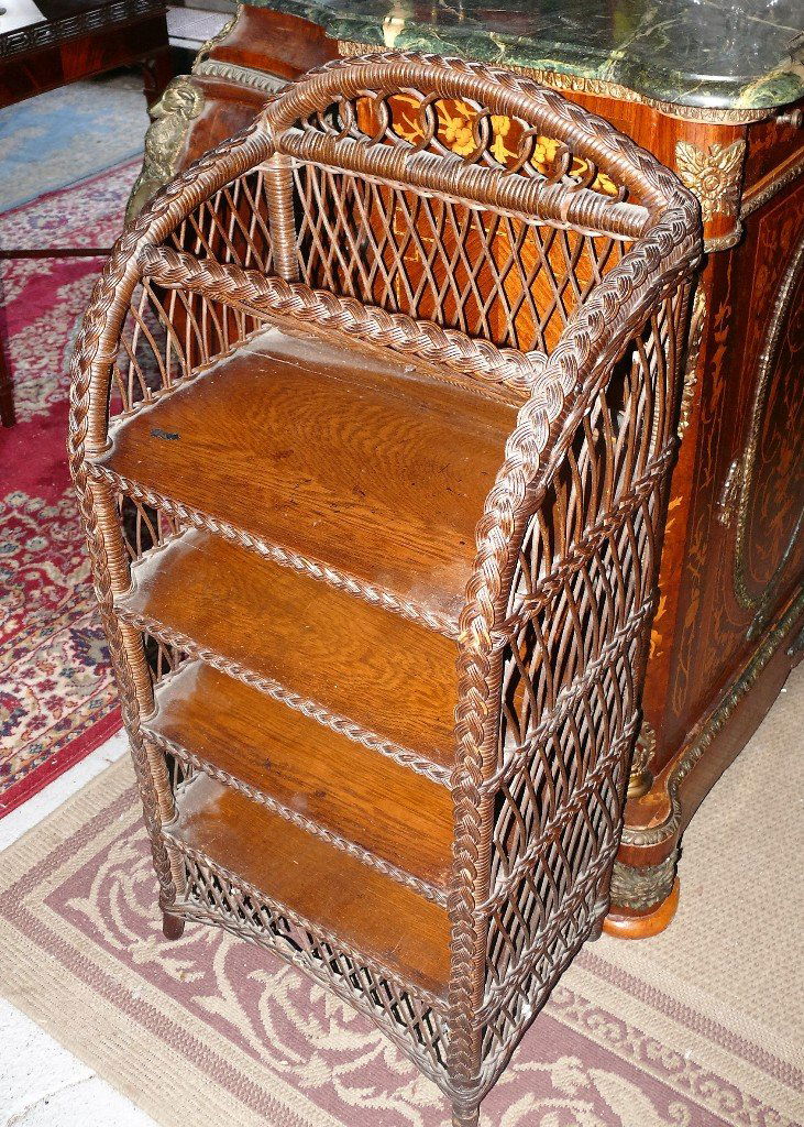 Heywood-Wakefield oak and wicker 5 tier magazine rack (1 of 5)