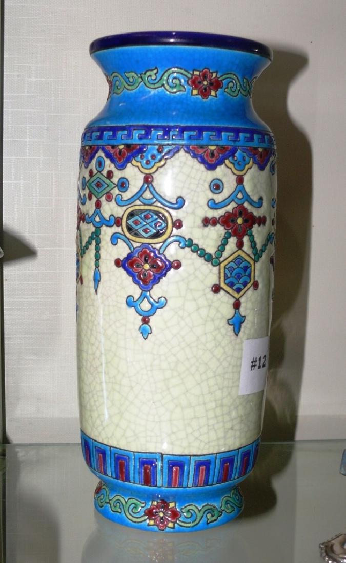 Longwy pottery vase, w/blue banded rim and base, French (1 of 7)