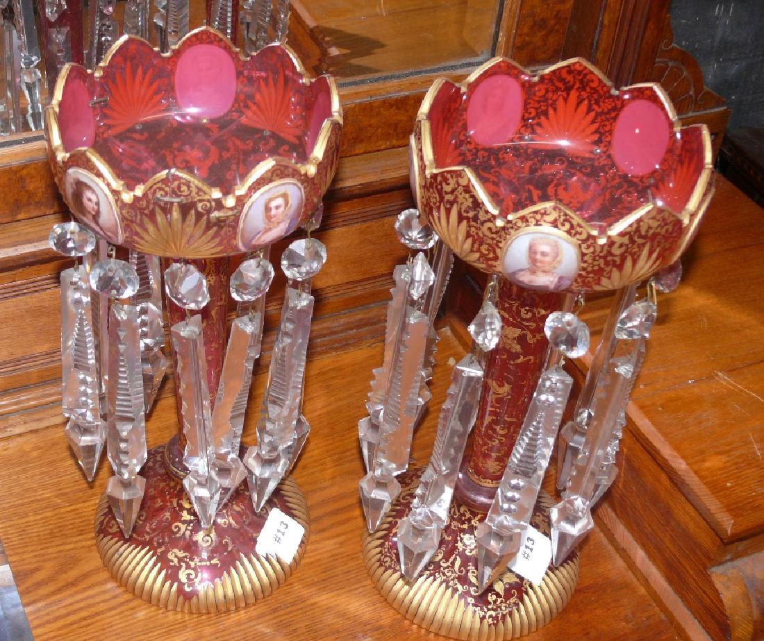 Pair of Bohemian cranberry glass lustres, possibly (1 of 8)