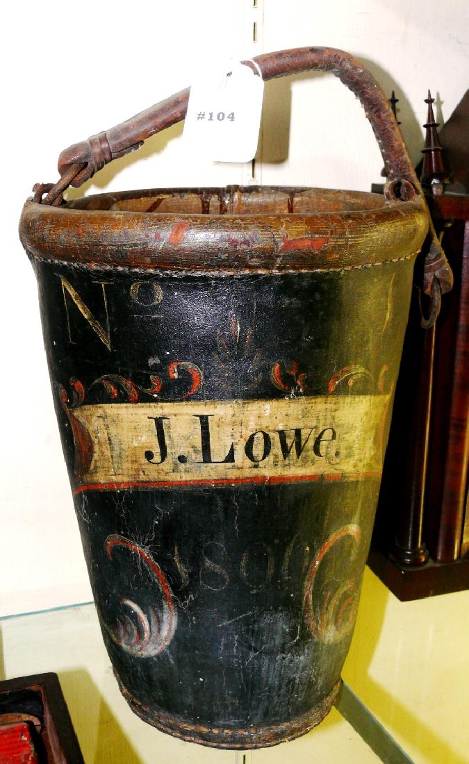 Leather swing handle fire bucket, "No. 1/ J. Lowe (1 of 4)