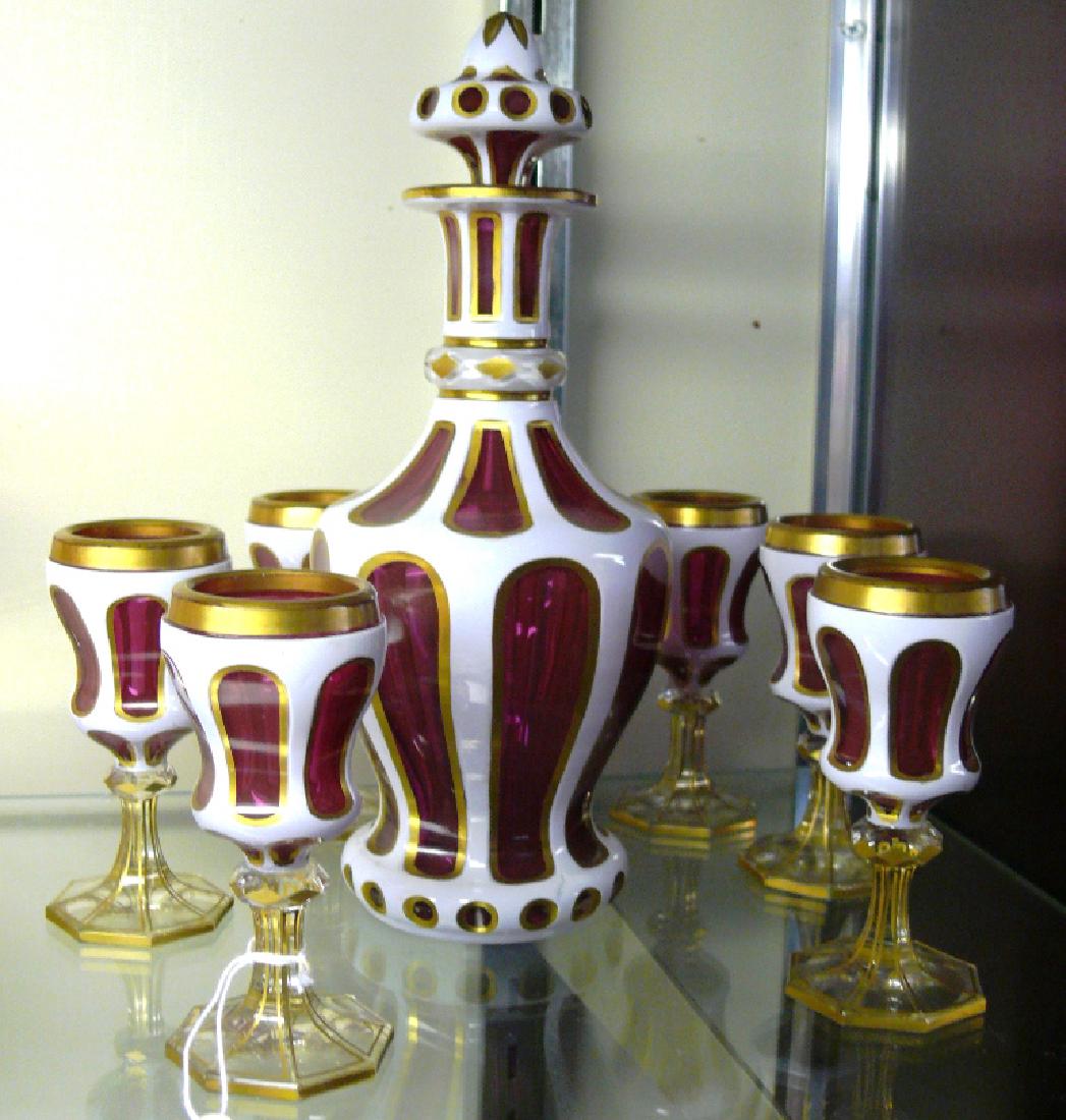 Ruby glass triple overlay decanter set, decanter & 6 (1 of 5)