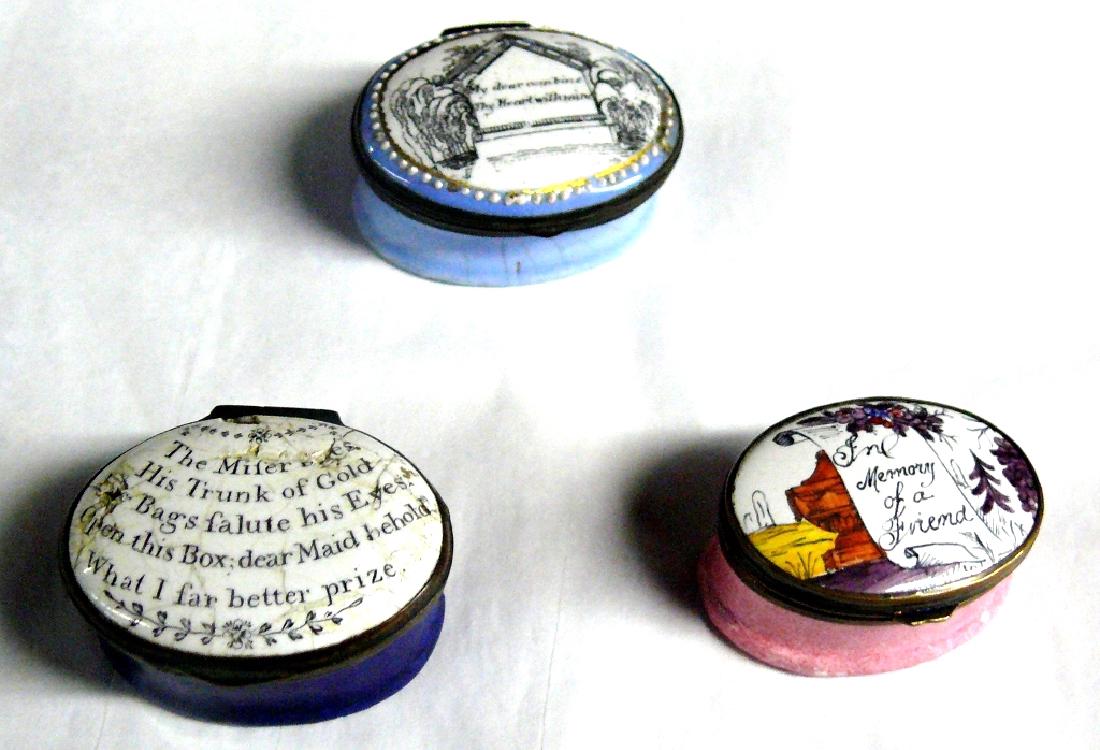 3 Battersea enamel pill boxes, with mottos (1 of 10)